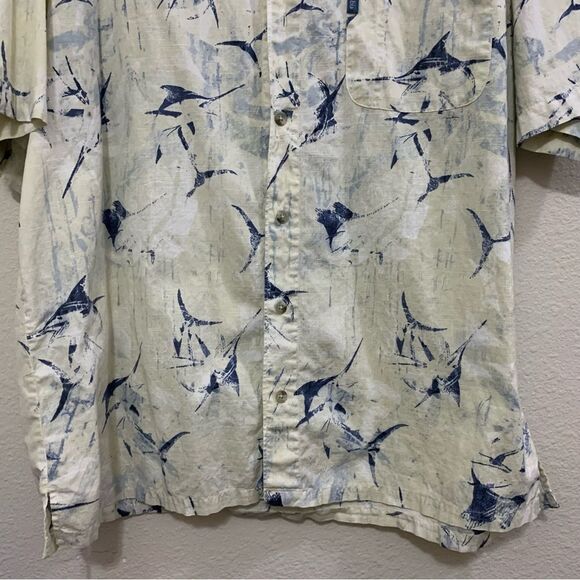COLUMBIA Shirt Mens 100% Cotton Short Sleeve Button Up Cream Blue Swordfish. - Picture 5 of 10